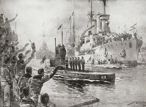 The German submarine U9 receiving a heroes welcome on her return to Wilhelmshaven, WWI (litho)