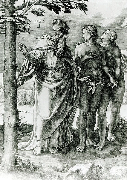 God shows Adam and Eve the Tree of Life in the Garden of Eden, 1529 (engraving)