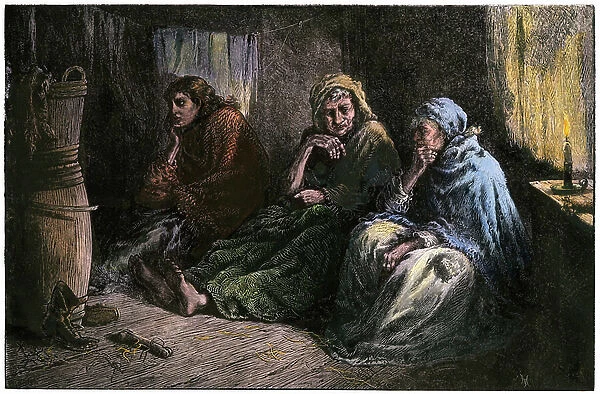 Homeless women discussing better times in a charity shelter in New York City, around 1870 - Colorisee engraving, 19th century - Homeless women talking about better times in a charity shelter in New York City