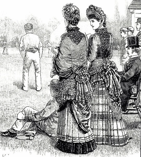 Illustration depicting a 19th-century cricket match with women watching