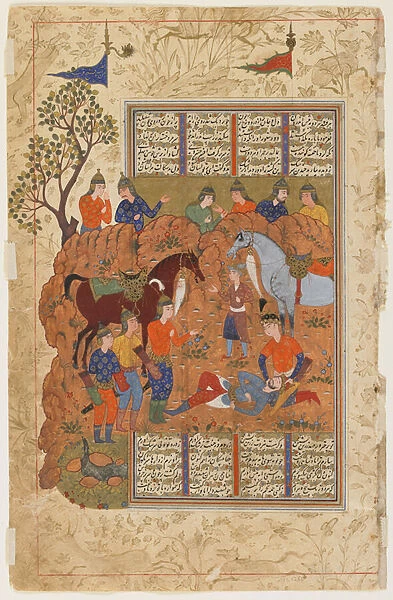 Iskandar comforts the dying Darab from a Shahnama (Book of kings), c