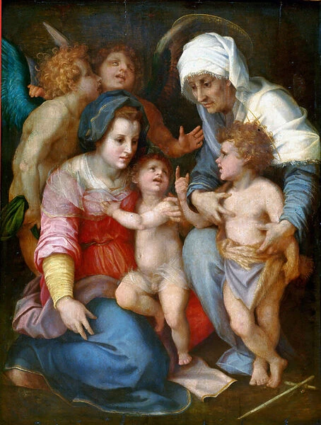 Madonna and Child with Saint Elizabeth, Saint John and two angels Painting on wood by