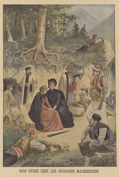 Miss Stone in the captivity of Macedonian bandits (colour litho)