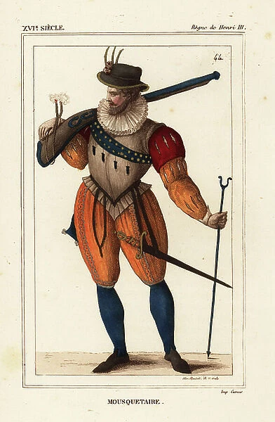 Musketeer, 1586, reign of King Henry III of France. Drawn and lithographed by Alexandre Massard after a portrait in Roger de Gaignieres gallery portfolio IX 154 from Le Bibliophile Jacob aka Paul Lacroix's Costumes Historique de la France