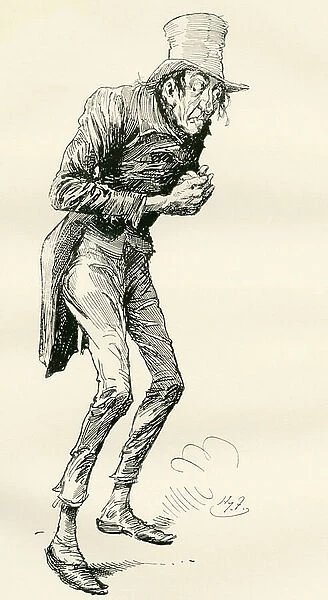 Newman Noggs. Illustration by Harry Furniss for the Charles Dickens novel Nicholas Nickleby, from The Testimonial Edition, published 1910