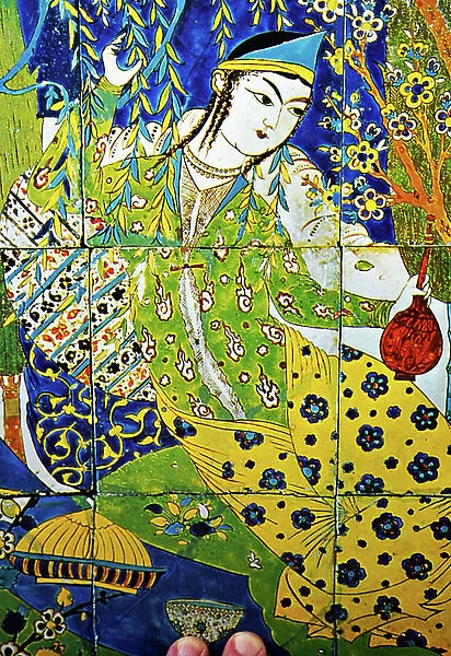 A Persian tile mosaic depicting a woman in a garden