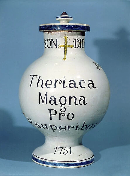 Pharmaceutical jar Theriaca Magna Pro Pauperibus, 1751 (ceramic)