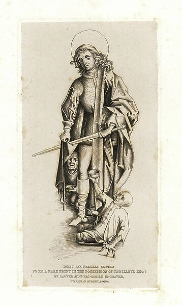 Portrait of Saint Martin, patron saint of beggars and vagabonds, with two disabled beggars at his feet. By an unknown German artist circa 1460. Copied from a rare print in the possession of Thomas Lloyd by Sawyer Jr