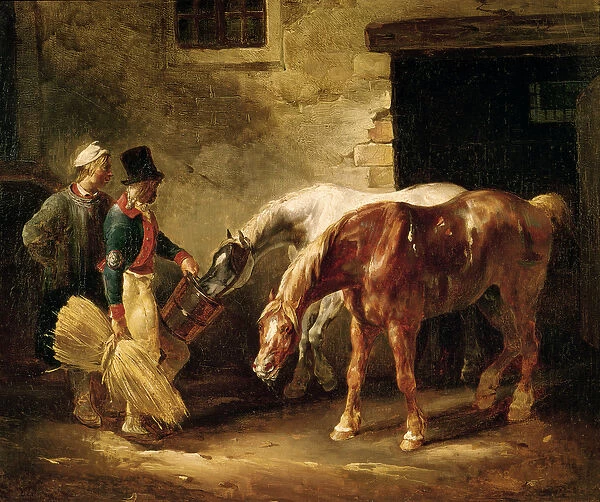 Two Post Horses at the Door of a Stable (oil on canvas)