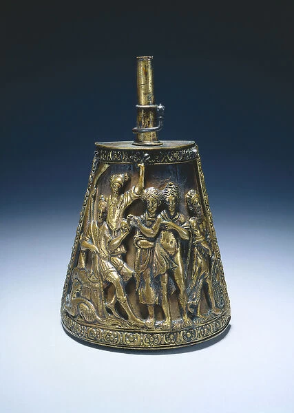 Powder flask, c. 1590 (gilt brass over fabric covered wood)