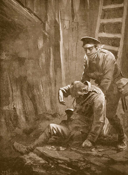 Private T. Doswell rescuing an officer from a mine in which he lay unconscious (litho)
