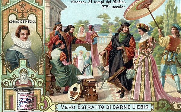 Renaissance: Courtyard scene, artists and poets at the time of the regne of Cosimo (Cosimo de Medici), known as Cosimo the Ancient Medicis (1389-1464) in Florence'. End of the 19th century (chromolithograph)
