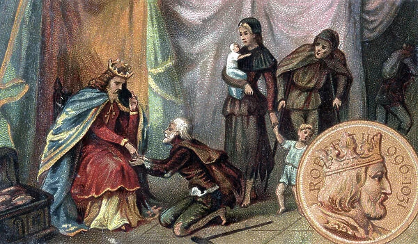 Robert II of France called the pious (the wise) feed the poors. Late 19th century (chromolithograph)