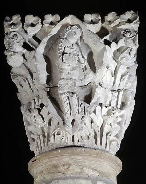 Romanesque art: marquee representing virtues: charity. Musee du Farinier, Cluny (Saone and Loire)