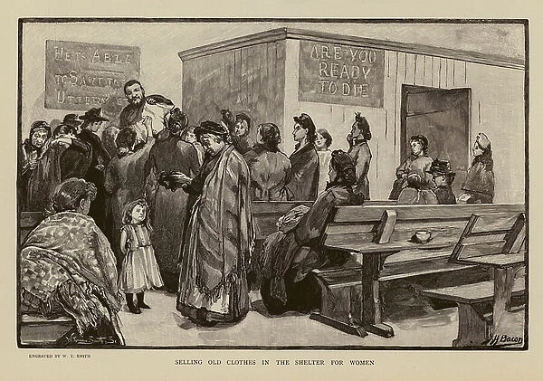Selling old clothes at a Salvation Army Shelter for women (engraving)