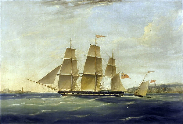 The ship Matilda, for transporting passengers and goods, and the cutter Zephyr, sailing on the Thames (England), with Fort Tilbury on the left