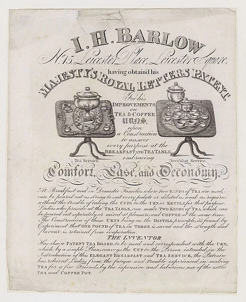 Tea Urn Makers, I H Barlow, trade card (engraving)