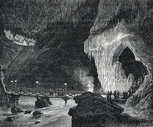 View of the Cave of Adelsberg, or Cave of Postojna or Postojnska or Postumia) in Slovenia. 19th century (engraving from 'The Wonders of the World' by Huard)