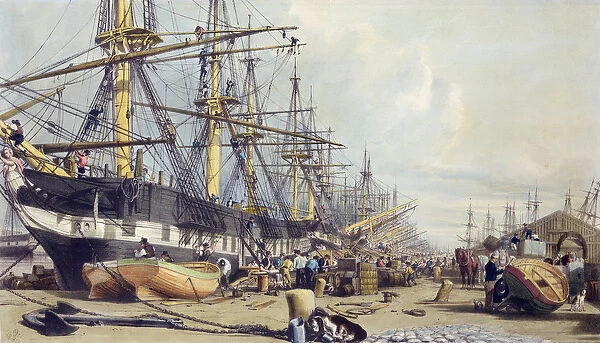 West India Docks, from London from the Thames, 1840 (colour litho)