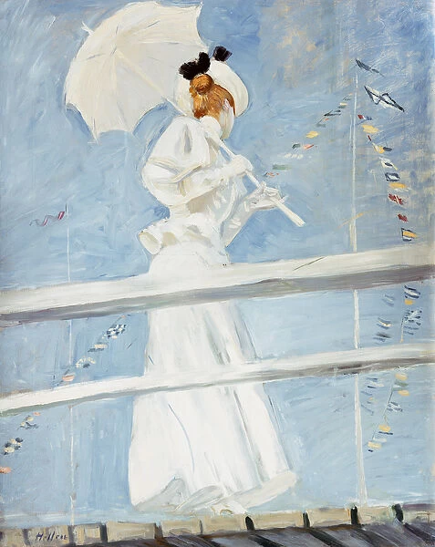 Young Woman with a Parasol on a Jetty (oil on canvas)