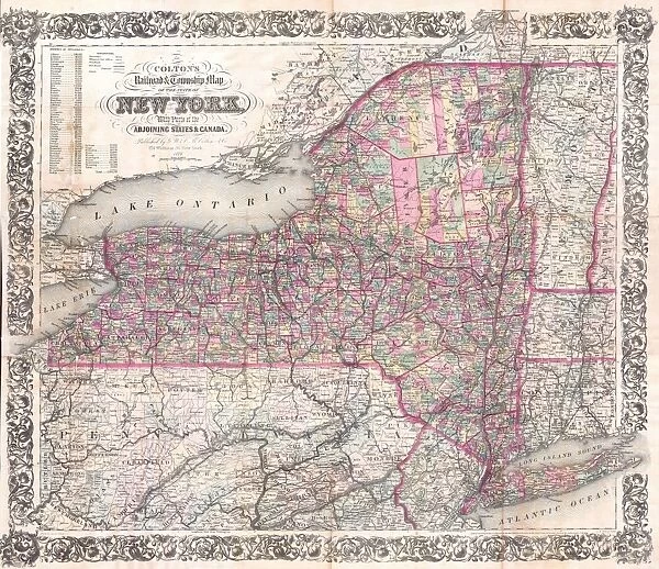 1876, Colton Railroad Pocket Map of New York State, topography, cartography, geography