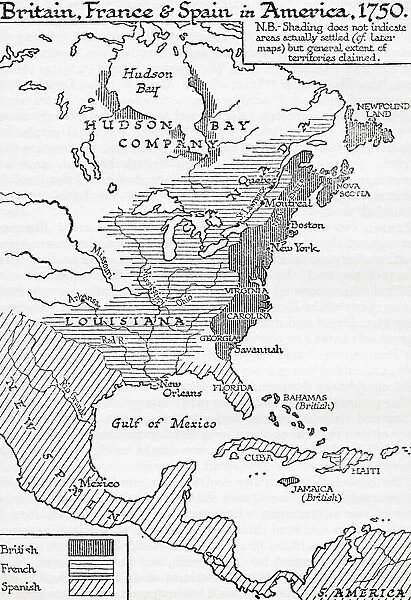 Map showing Britain, France and Spain in America, 1750. From A Short History of the World, published c. 1936