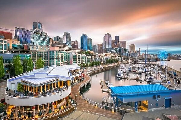 Seattle, Washington, USA pier and skyline at dusk