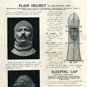 Balaclava and sleeping cap knitting patterns, WW1
