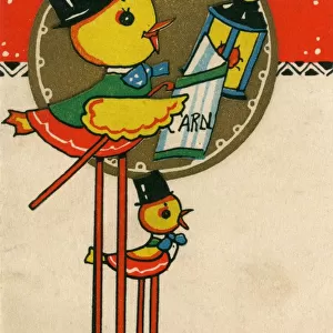 British Kitsch Art Deco Christmas Card, Carol Singing Chicks