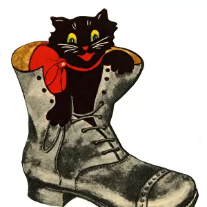 Good Luck card, Lucky Black Cat in a Boot