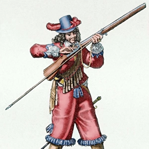 Musketeer of the Infantry of Louis XIV blowing the fuse of t