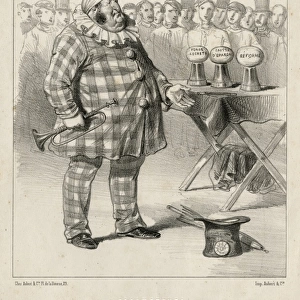 Rotund magician about to perform a trick for a crowd
