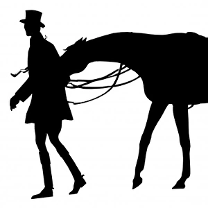 Silhouette of a man leading a horse