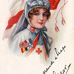 WWI - Red Cross Nurse, bearing flags of the Allied Powers