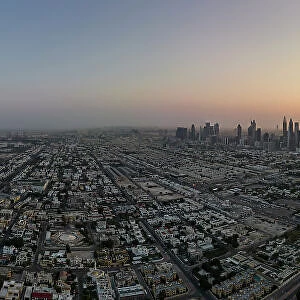 Aerial view of sunrise over Dubai, United Arab Emirates, Middle East
