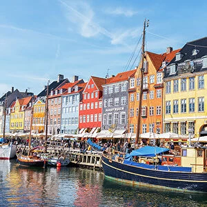 Colourful houses and wooden boats in Nyhavn harbour, Copenhagen, Denmark, Scandinavia, Europe