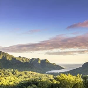 Sunrise over Mt Rotui, Opunohu bay and Cooks bay, Moorea, French Polynesia