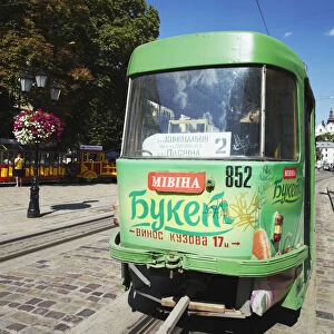 Tram in Market Square (Ploscha Rynok), Lviv, Ukraine