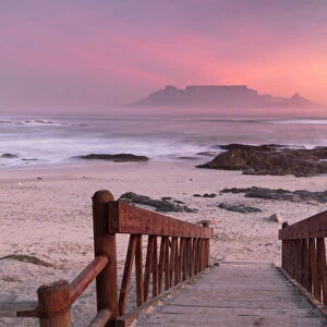 View of Table Mountain from Bloubergstrand at sunset, Cape Town, Western Cape, South