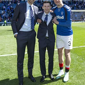 Triumphant Rangers: McAuley, Holt, and Worrall's Double Victory Celebration over Celtic at Ibrox Stadium (Scottish Premiership and Scottish Cup, 2003)