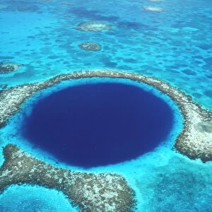 CA, Belize. Aerial view of Blue Hole (diameter 1000 ft. ) at Lighthouse reef