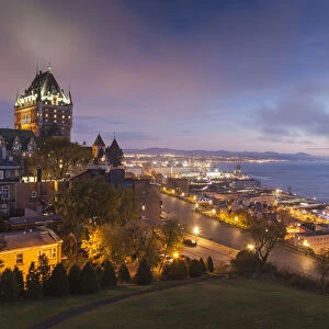 Canada, Quebec, Quebec City. Elevated skyline with Chateau Frontenac Hotel, fog