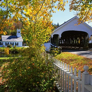 USA, New Hampshire, Stark. View of Stark Bridge and Church on the Upper Ammonoosuc River