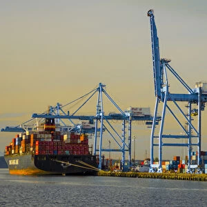 USA, Washington, Tacoma. Container cargo loading in Sitcum Waterway at Port of Tacoma