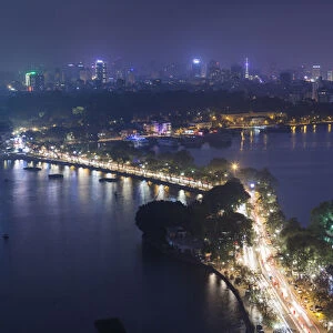 Vietnam, Hanoi, elevated city view by Tay Ho, West Lake, dusk