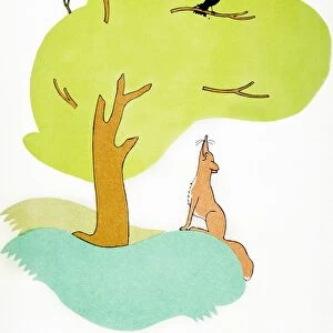 The Fox and the Crow. Watercolor by Christopher Sanders depicting Aesops fable