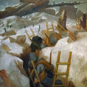 LANTIER: IN THE TRENCHES. Oil on canvas by Lucien Lantier depicting trench warfare