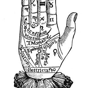 PALMISTRY CHART, 1885. Planetary and zodiacal diagram of the right hand. Wood engraving from Wehmans Witches Dream Book, New York, 1885