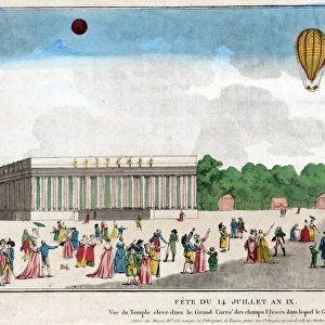 PARIS: BASTILLE DAY, c1801. The celebration of Bastille Day, 14 July, on the Avenue des Champs Elysees with spectators watching a balloon ascension in Paris, France. Etching, c1801