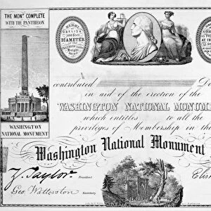 WASHINGTON MONUMENT, 1850. Certificate of membership and thanks to a contribution